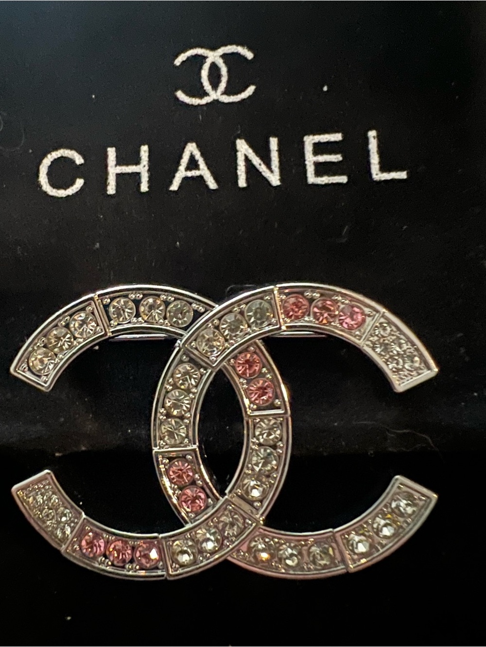 CHANEL Silver Tone CC Logo Brooch with Pink and Clear Crystals